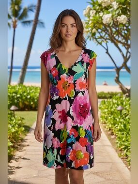 Jams World Carnival Floral Mini Dress V-Neck Cap Sleeve Hawaii Resort Vacation M